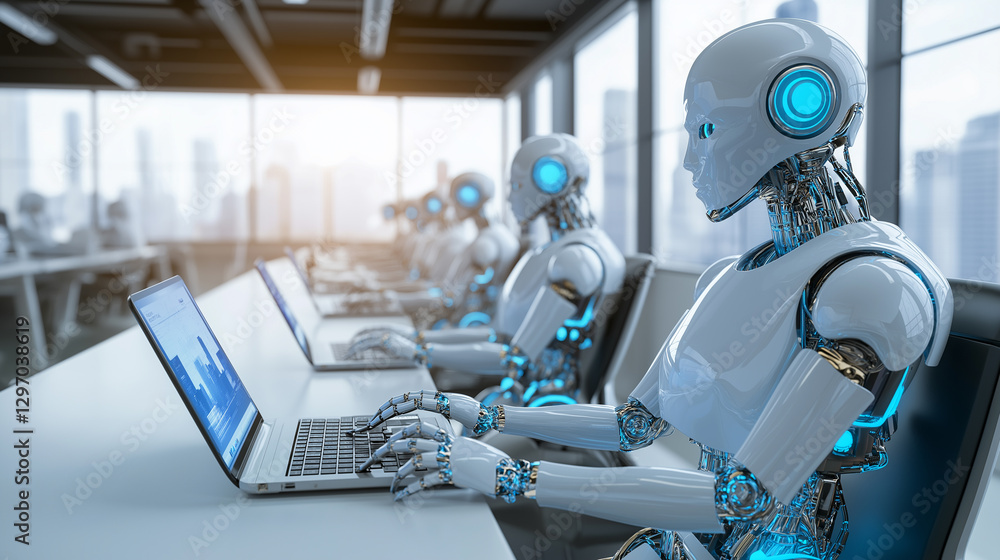 Poster a group of humanoid robots working at desks with laptops, symbolizing ai integration in business, au