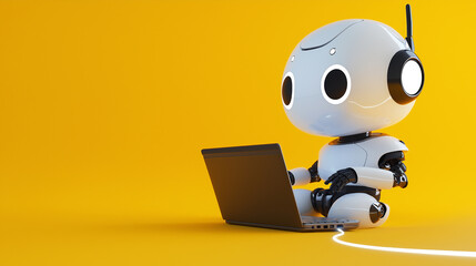 A cute humanoid robot typing on a laptop, with a cheerful expression and yellow background, symbolizing AI innovation and interaction.