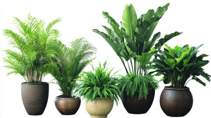 Obraz premium A beautiful arrangement of various indoor plants in decorative pots, showcasing vibrant green foliage.