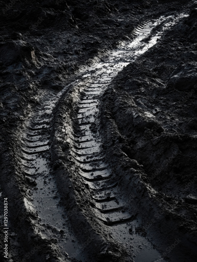 Poster mud covered tire tracks weave through a wet and muddy landscape during early morning light. generati