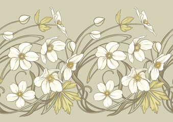 Forest Anemone flowers, decorative flowers and leaves Seamless pattern, background. Vector illustration. In botanical style © Elen  Lane