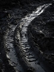 Mud covered tire tracks weave through a wet and muddy landscape during early morning light. Generative AI