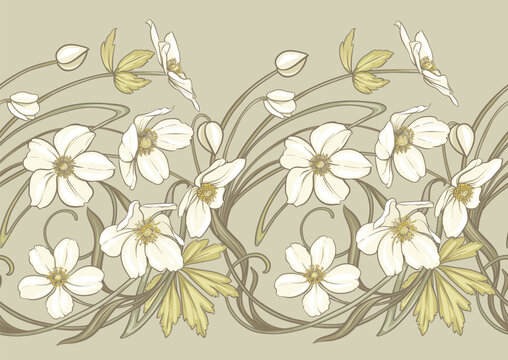 Forest Anemone flowers, decorative flowers and leaves Seamless pattern, background. Vector illustration. In botanical style