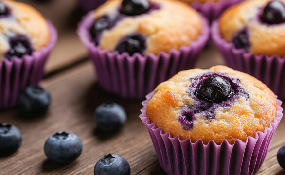 Close-up of freshly baked blueberry muffins with berries scattered around, showcasing delicious, homemade baked goods in vibrant colors. - Powered by Adobe