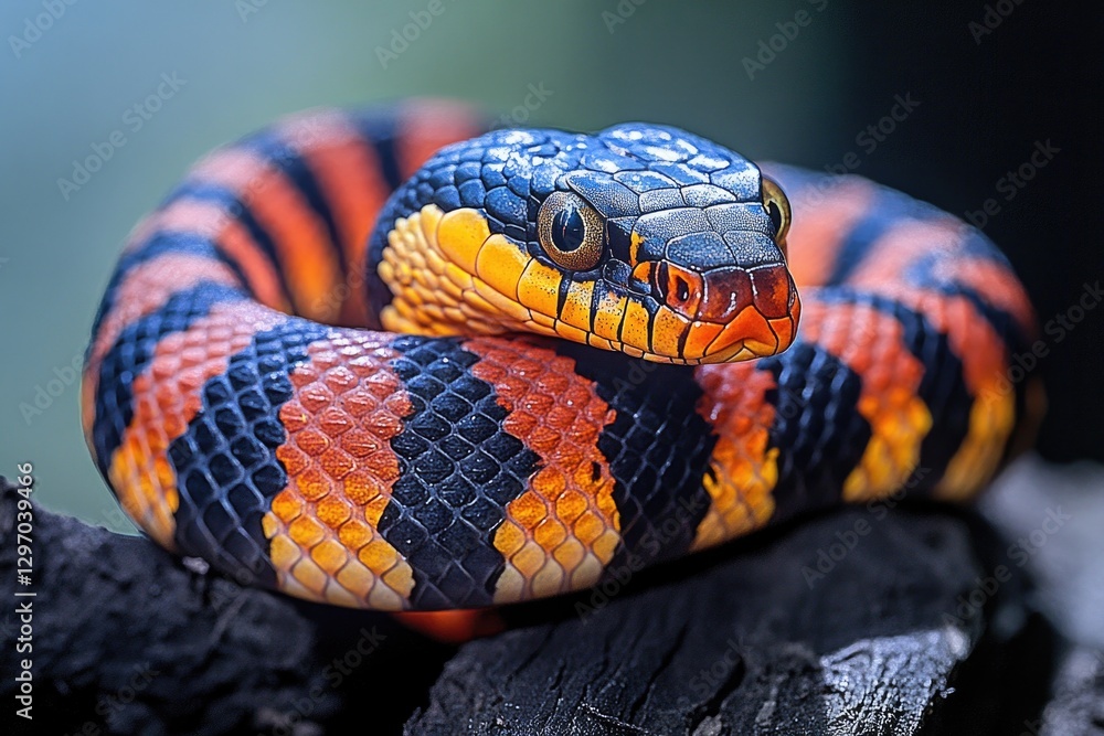 Poster a close-up shot of a snake coiled around a piece of wood, focusing on its texture and pattern