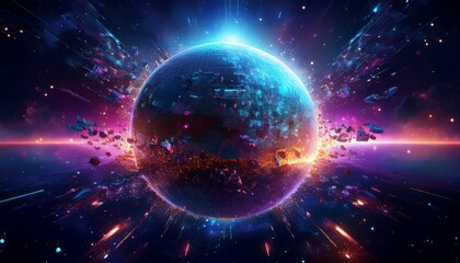 Obraz premium 거대한 행성이 픽셀처럼 해체되며 입자로 퍼지는 장면