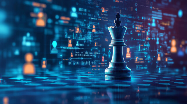 The road to business success--a chess king stands against a backdrop of data and success icons, symbolizing strategic decision-making, data-driven planning, and the pursuit of ambitious business goals