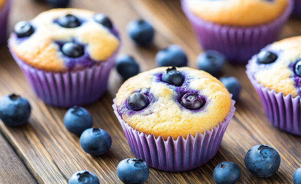 Close-up of freshly baked blueberry muffins with berries scattered around, showcasing delicious, homemade baked goods in vibrant colors.