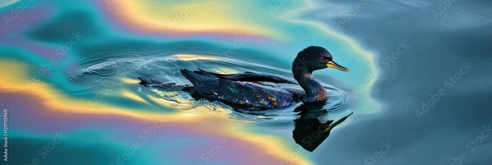 Poster seabird struggles in an oil spill as rainbow sheen spreads across ocean surface. generative ai