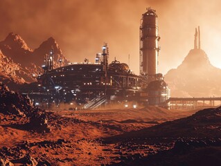 Futuristic Mars colony with towering industrial structures in a red desert landscape