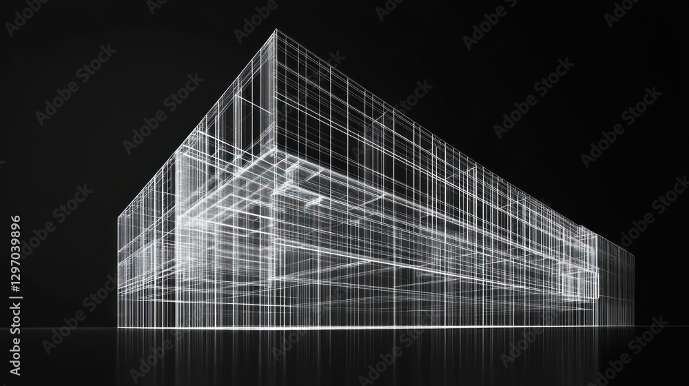 Poster wireframe building model, dark background, architectural design, 3d rendering