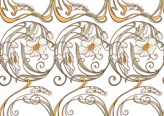 Fototapeta premium Decorative flowers and leaves in art nouveau style, vintage, old, retro style. Seamless pattern, background. Vector illustration. In art nouveau style, vintage, old, retro style.