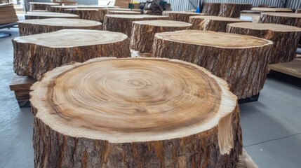 Fototapeta premium Close-up of beautifully cut timber logs showcasing intricate wood grain patterns in a workshop.