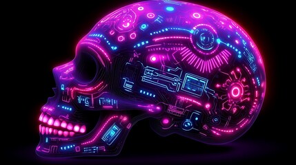 Obraz premium Neon skull with circuit design, digital art, 3D model, glowing effect, for tech background