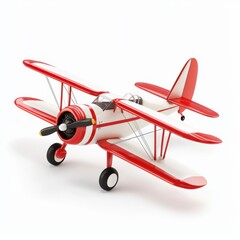 Fototapeta premium A single glossy 3D rendered miniature vintage biplane, classic red and white color scheme, polished propeller, neatly arranged on a white isolated background