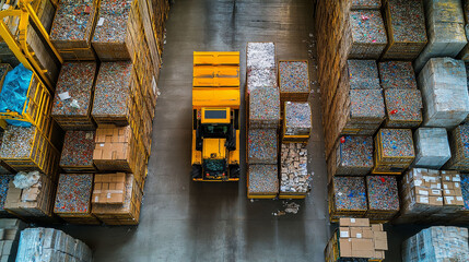 Circular economy recycling business model. Aerial view of a forklift in a warehouse surrounded by stacks of materials.