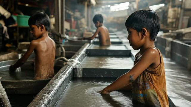 Young boys working in a harsh environment with water tanks and dirt