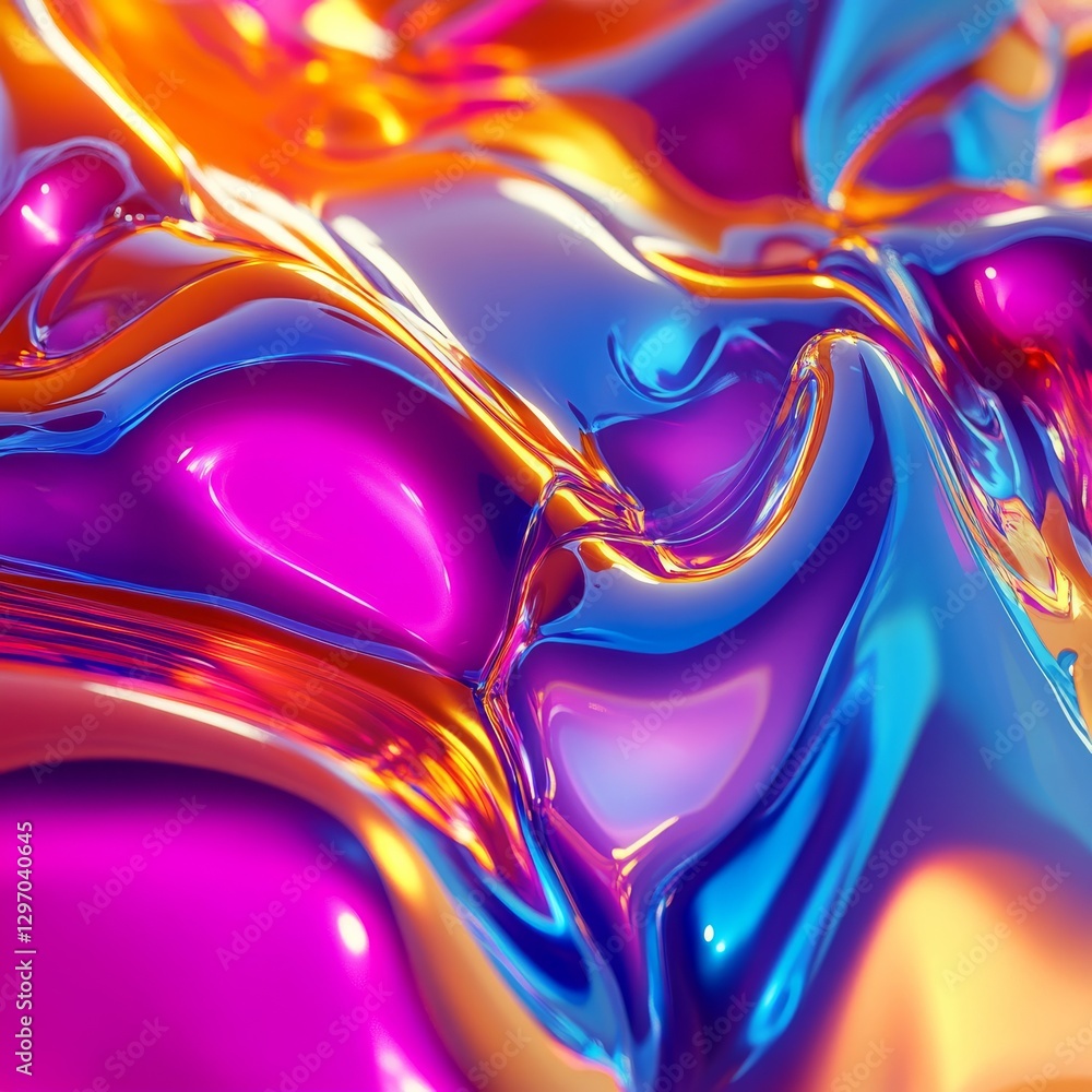 Poster abstract iridescent metallic folds in vibrant pink, blue, and gold colors, creating a dynamic and fl