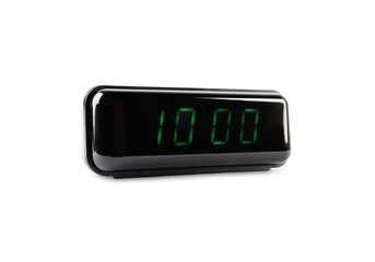 Digital alarm clock showing 10:00 o'clock on white background