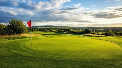 A serene golf course green with a red flag, lush grass, and a scenic backdrop of rolling hills under a vibrant sky.