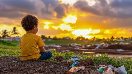 Fototapeta premium Pollution and waste management for health, A child sits on the ground, gazing at a vibrant sunset, surrounded by litter, highlighting the contrast between nature's beauty and environmental issues.