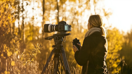 Woman photographing nature with a telephoto lens at sunset.