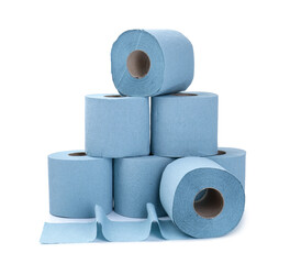 Stacked light blue toilet paper rolls isolated on white