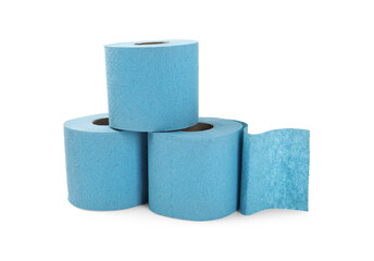 Light blue toilet paper rolls isolated on white