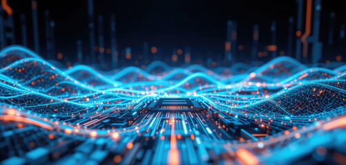 Digital Background With Glowing Electronic Circuit Board Perfect for Processor, Data Transfer and Encryption, Neural Networks, Education, Digital Archives, Science, Etc.