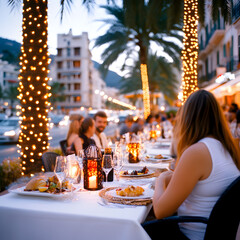 Crowd seated outside restaurant in Palma, Majorca stock photo