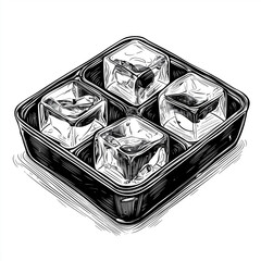 Ice cube tray, engraving and scratch board style sketch, black and white illustration