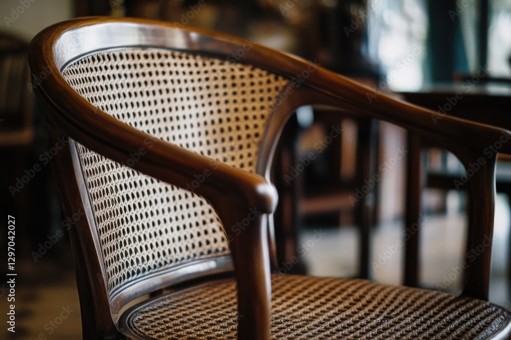 Poster a detailed view of a chair with a table in the background, suitable for various design and art proje