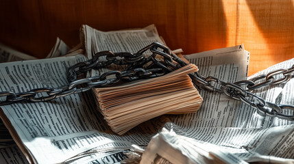 Stack of newspapers wrapped in chains, symbolizing press restrictions.