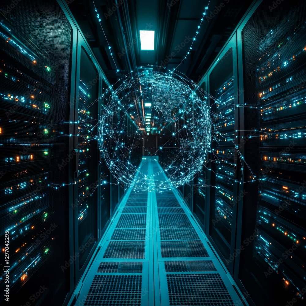 Aufkleber Global Data Network in a Server Room: Connectivity and Processing Power in the Digital Age