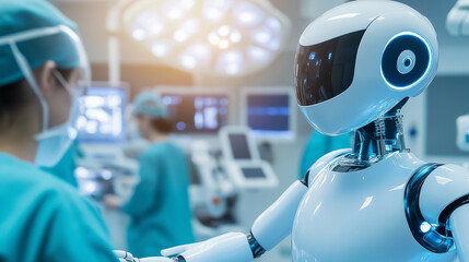 A futuristic humanoid robot in a high-tech surgical room assisting doctors, symbolizing artificial intelligence and robotic advancements in healthcare.