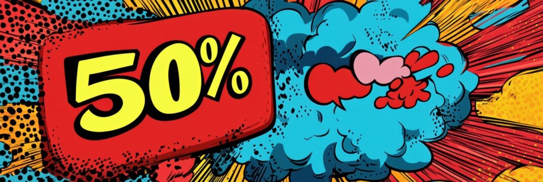 Massive 50 percent sale promotion with vibrant retro comic book style design for fashion collections. Generative AI