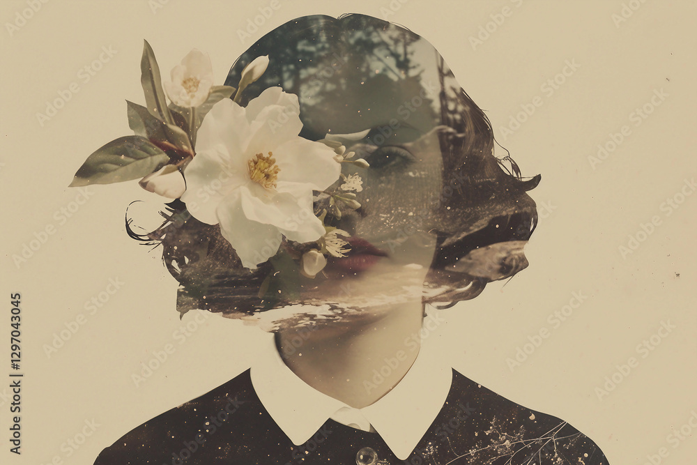 Poster generative ai psychedelic art collage with abstract spring inspired floral elements and surreal comp
