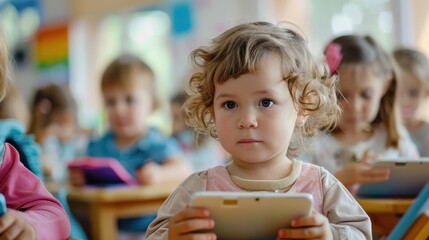 Children engaging with tablets in a colorful classroom setting, promoting early learning and technology skills in a lively environment.