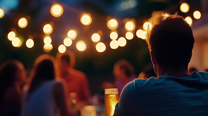 Fototapeta premium A person standing alone at an outdoor evening party with blurred glowing string lights and a group of people in the background.