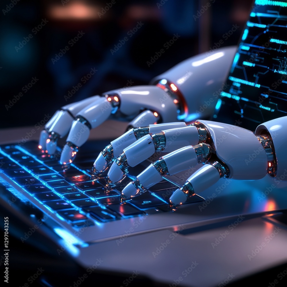 Poster Robot Hands Typing on Glowing Keyboard: AI-Driven Technology and Future Innovation.