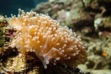 A close-up view of a sea anemone attached to a rocky surface