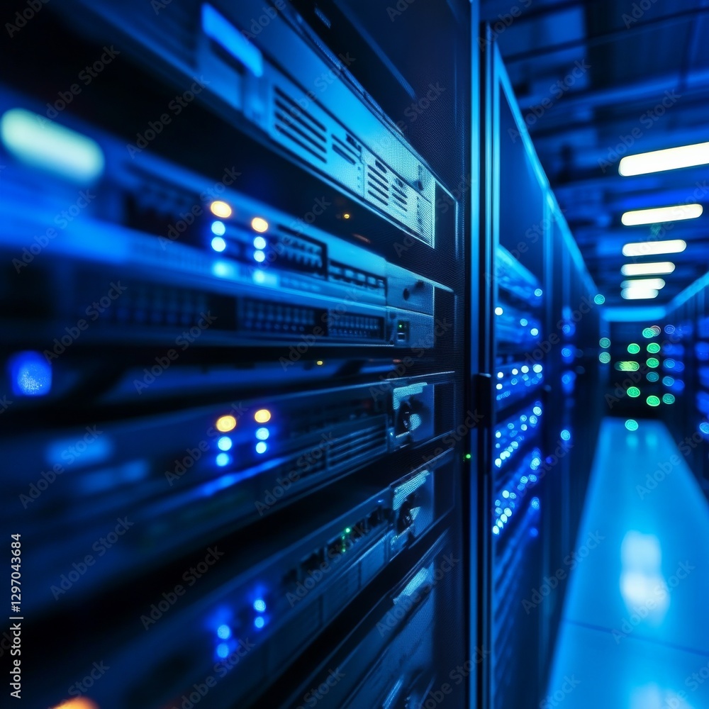 Aufkleber server room illumination: data center rack systems with intense blue lighting and modern technology