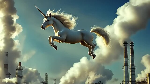 A majestic unicorn leaps gracefully over a polluted industrial landscape, showcasing contrast