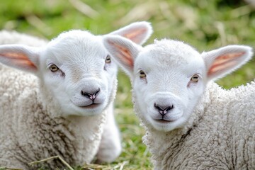 Obraz premium Two young lambs standing together in a lush green meadow, possibly on a farm or ranch