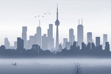 A silhouetted metropolis showcasing skyscrapers and a water reflection scene