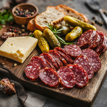 Traditional lukanka sausage with cheese, pickles, and bread on a wooden board