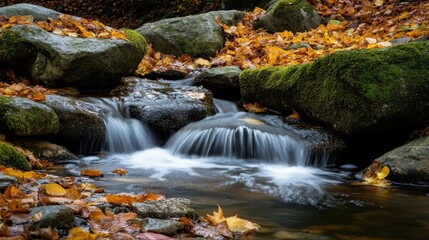 A serene autumn scene features a gentle stream flowing over moss-covered rocks amidst colorful fallen leaves.