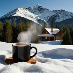 Mountain Ratreat. A mug of burning coffee in nature among the mountains and snow. An atmosphere of warmth amidst the cold. A cozy traveler's mug.