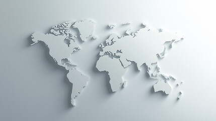 A white 3D world map with embossed continents on a minimalist background.
