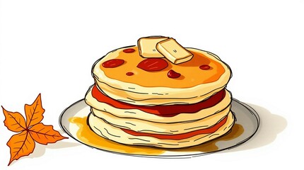 Hand-drawn sketchnote style pancake illustration with syrup and butter, warm golden hour light, autumn cozy atmosphere